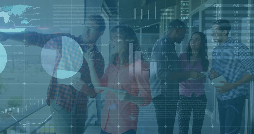 Team Collaborating Over Glass Wall Charts With Digital Data Overlays in Modern Workspace