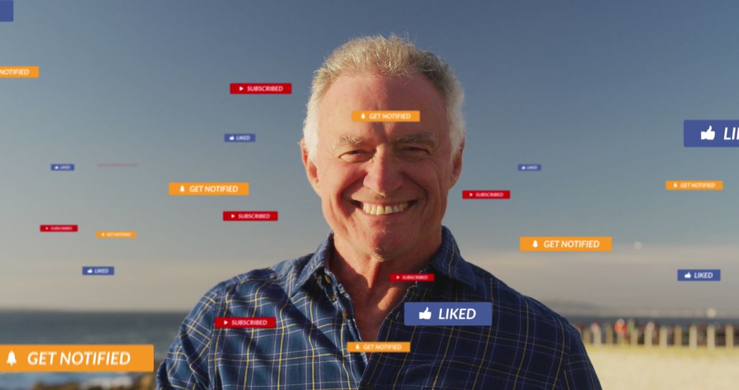 Smiling Mature Man with Social Media Notifications on Beach