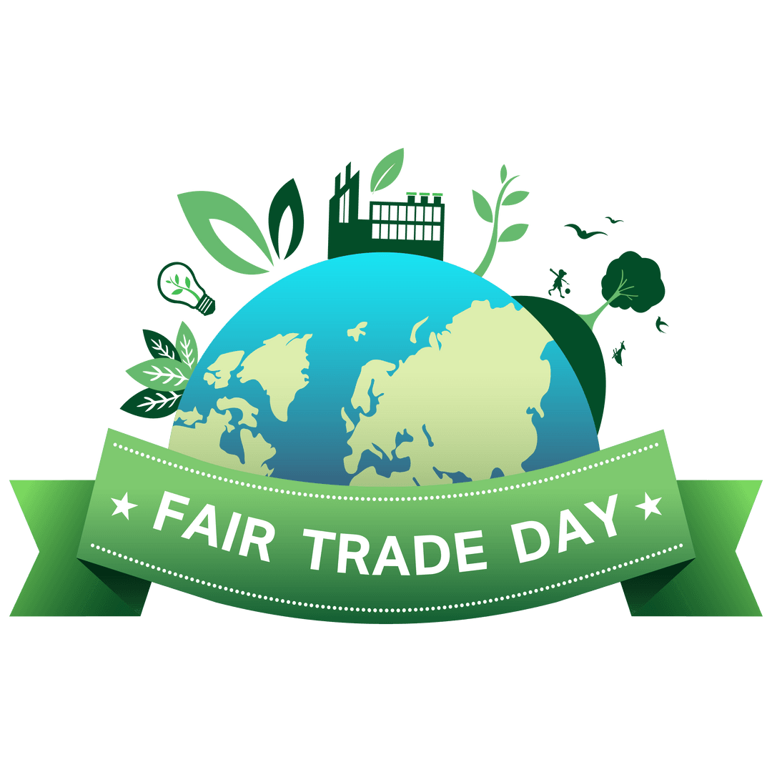 Fair Trade Day Globe with Green Elements on Transparent Background