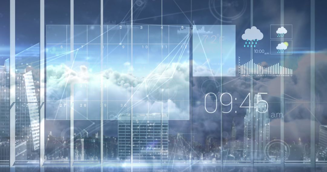 Digital Interface Showing Real-Time Weather Over Cityscape