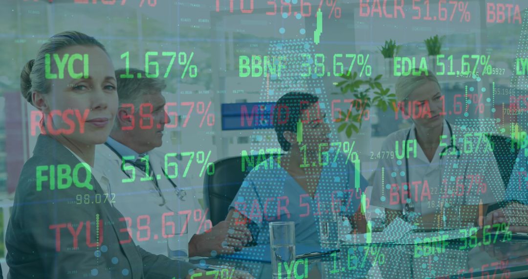 Diverse Medical Team Analyzing Data Amid Dynamic Ticker Visuals