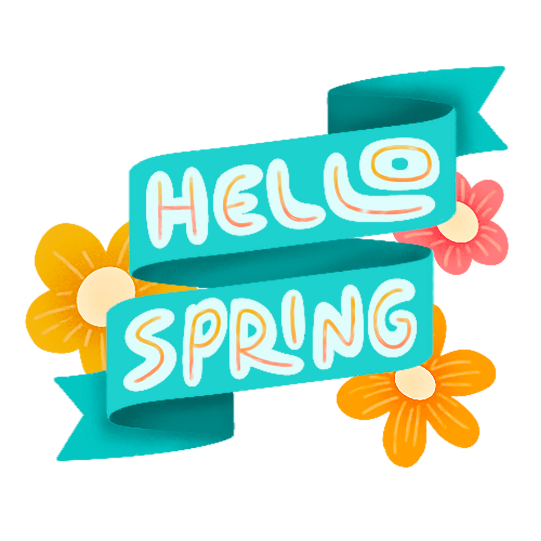Vibrant Hello Spring Greeting with Flowers and Ribbon Design Transparent