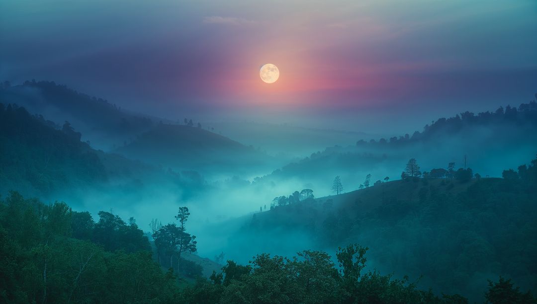 Ethereal Full Moon Illumines Misty Mountain Valley at Twilight