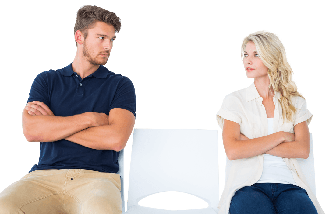 Transparent Background Couple Sitting in Argument Pose on Separate Chairs