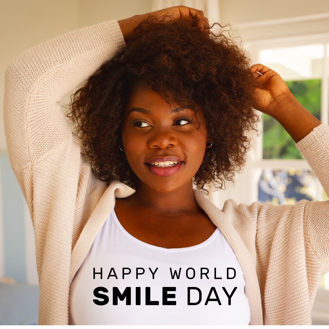 Composition of world smile day text over african american woman smiling - Download Free Stock Templates Pikwizard.com