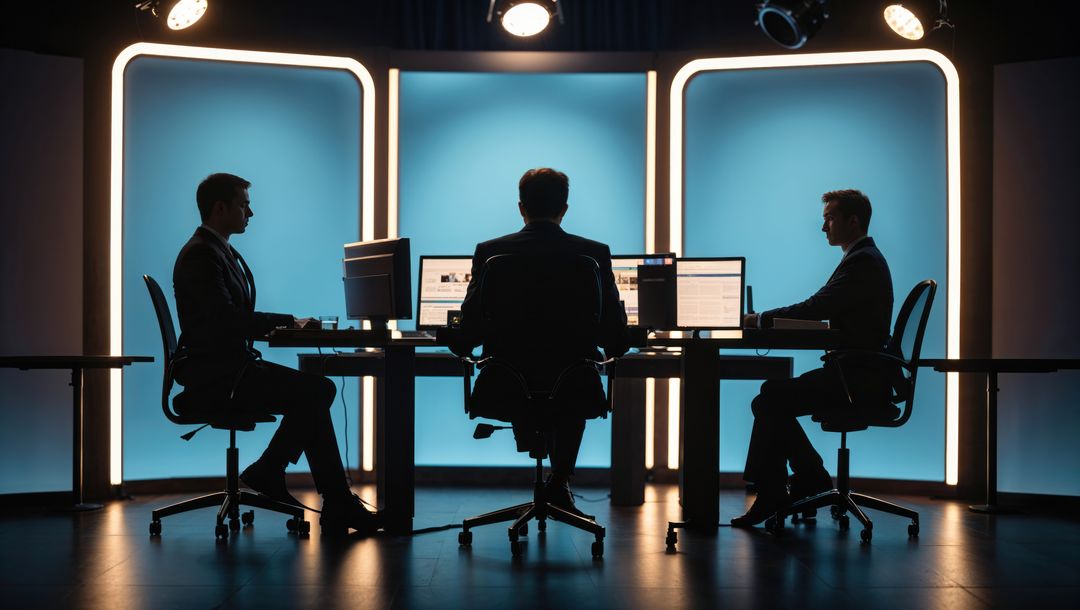 Business professionals analyzing data on multiple screens, talking heads collaboration