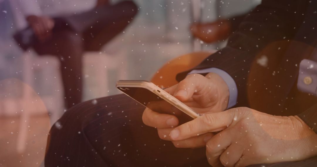 Businessman Using Smartphone with Abstract Snow Effect