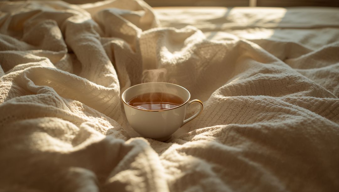 Steaming porcelain tea cup resting on rumpled beige blanket in warm morning sunlight