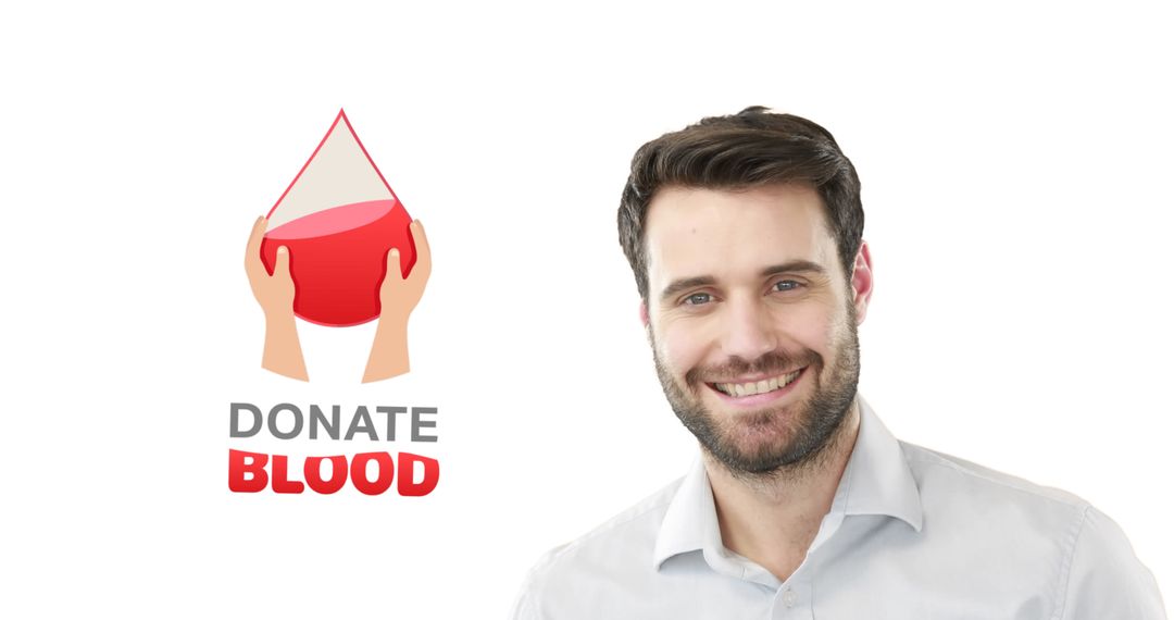 Smiling Man Promoting Blood Donation with Donate Blood Logo on White Background - Free Images, Stock Photos and Pictures on Pikwizard.com