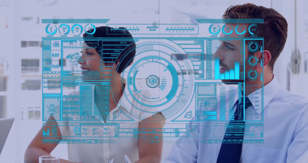 Colleagues Analyzing Transparent Digital Interface in Meeting Room