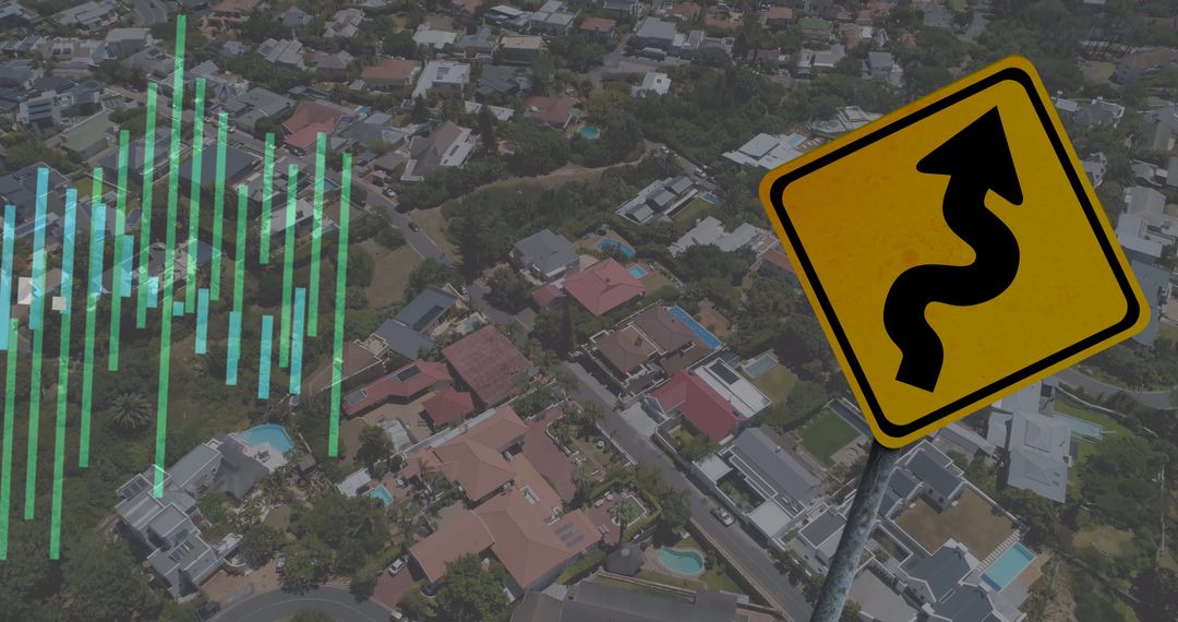 Financial Data Flowing Over City with Curved Road Sign