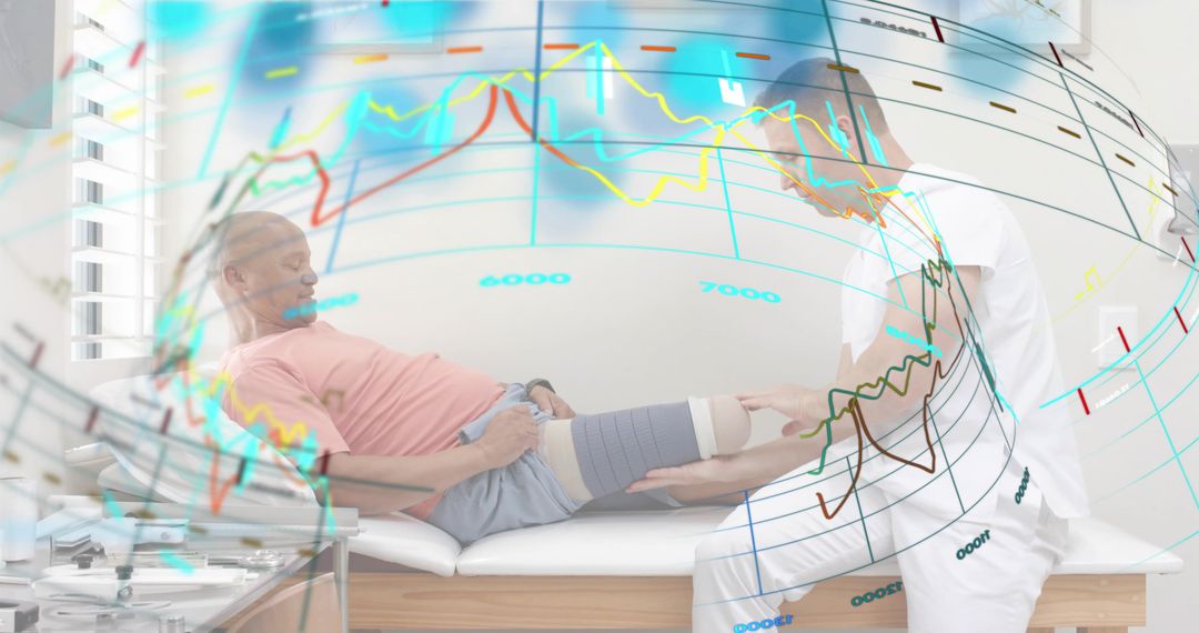 Therapist examining knee with compression sleeve and digital health charts
