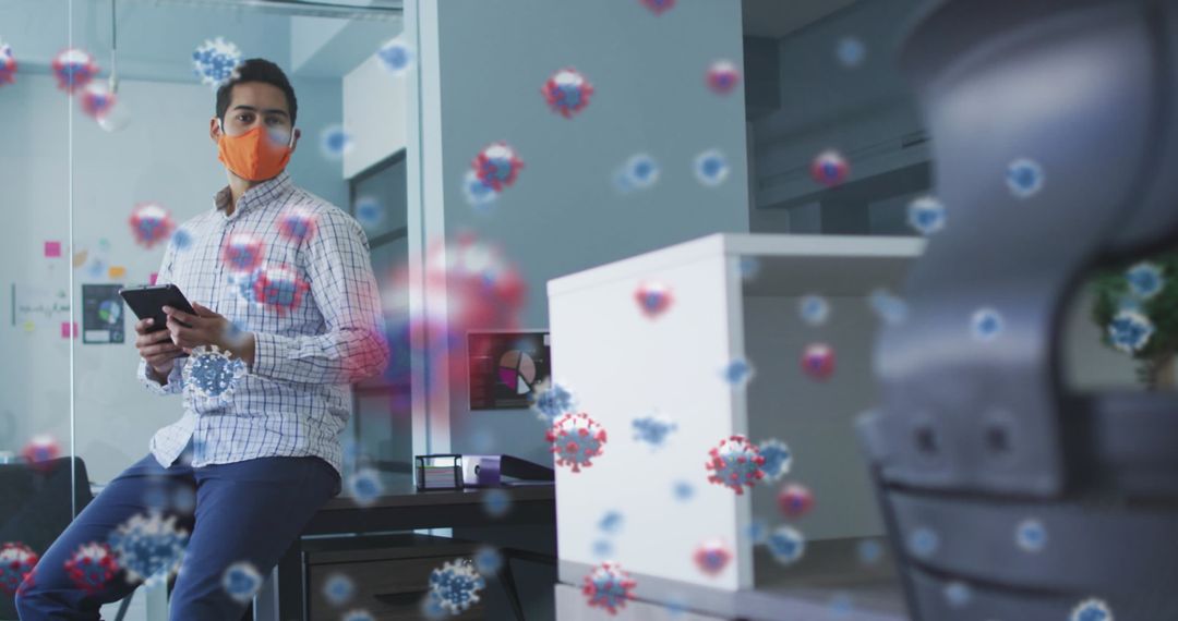 Covid-19 Safety Concept with Masked Man and Virus Particles in Office
