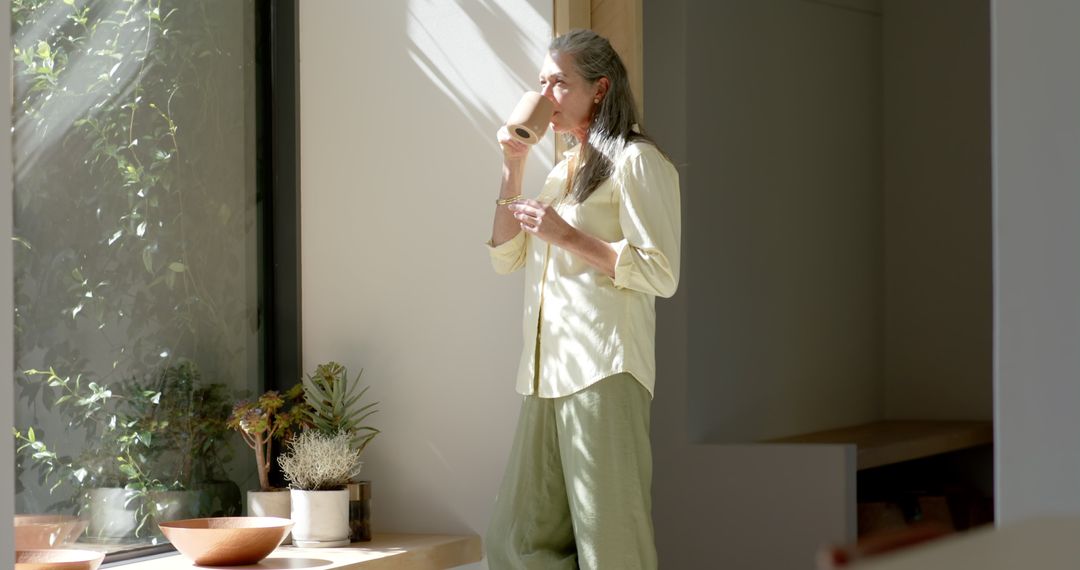 Serene Mature Woman Drinking Coffee in Sunlit Room by Large Window