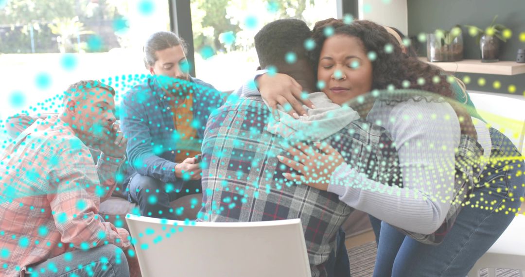 Supportive Group Hugging in Counseling Circle with Turquoise Network Overlay