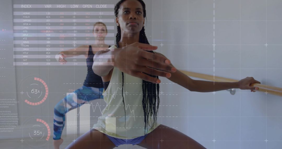 Women Performing Barre Exercise with Data Visualization Overlays