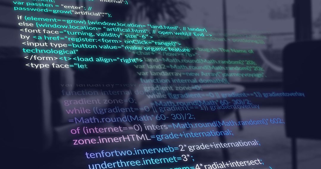 Businesswoman Analyzing Data on Laptop with Programming Overlay