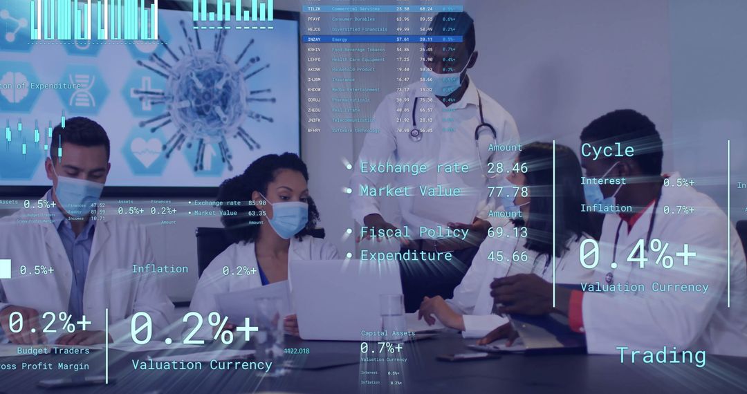 Diverse Business Team Analyzing Financial Data with Digital Overlay