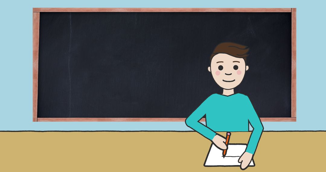 Schoolboy Writing at Desk with Blackboard Background in Classroom Illustration