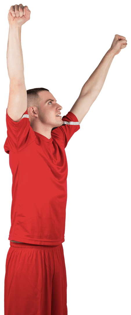 Joyful Soccer Player Celebrating with Raised Arms Transparent Background