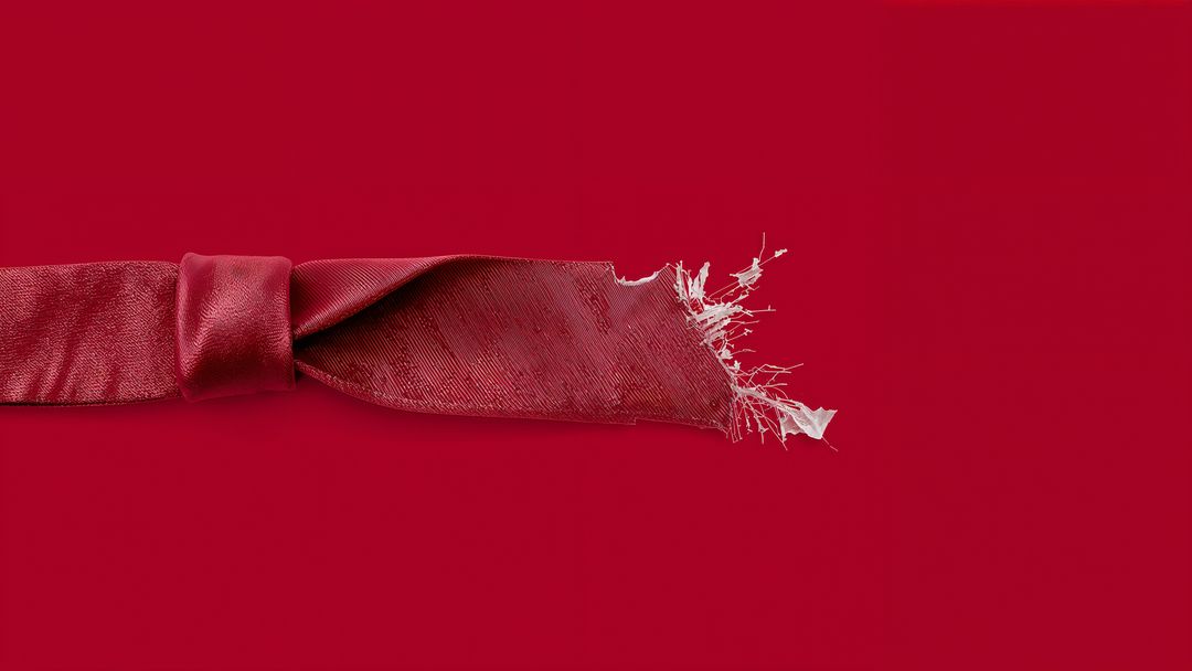 Frayed Red Silk Necktie on Solid Red Background