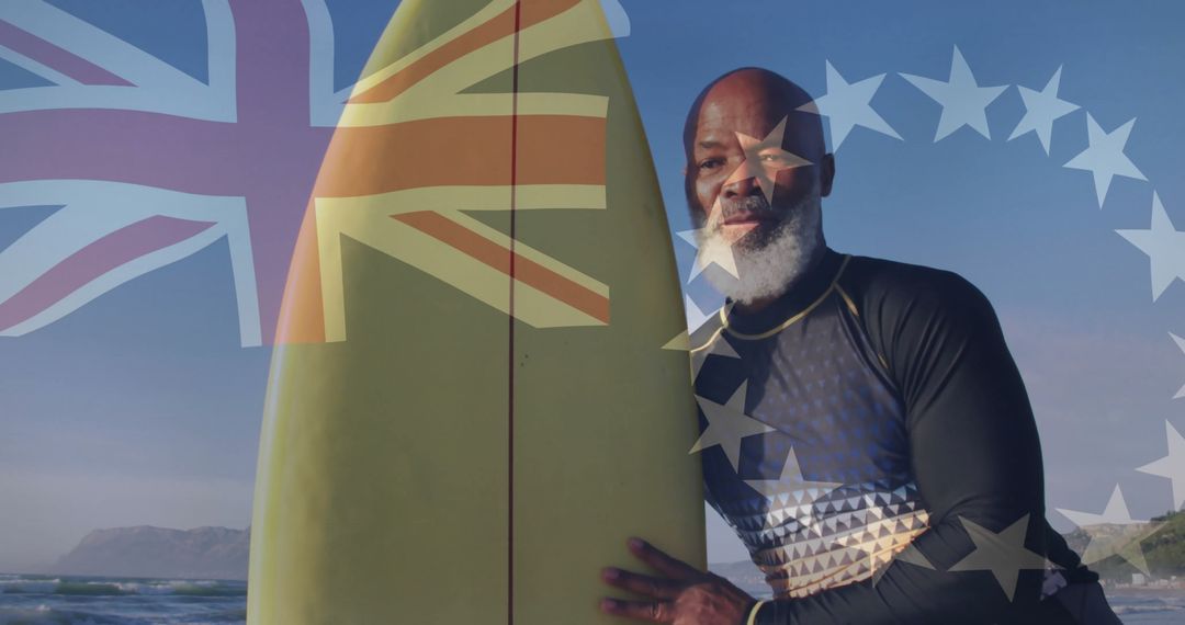 Elderly Surfer With Surfboard on Sunny Beach Holding Inspiring Initiative Banner