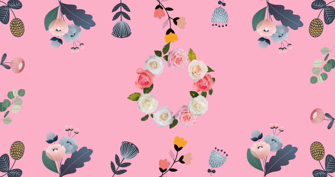 Floral Wreath and Botanical Frame on Pink Background