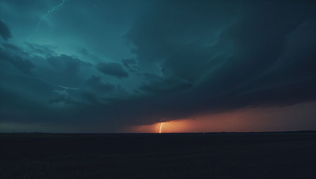 Dramatic Lightning Bolt Illuminating Night Sky Over Open Field