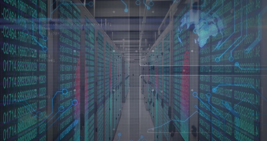 Advanced Data Center with Blinking Server Racks and Floating Data Overlays