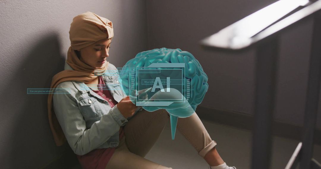 Young Woman in Hijab Engaging with Digital AI Graphics