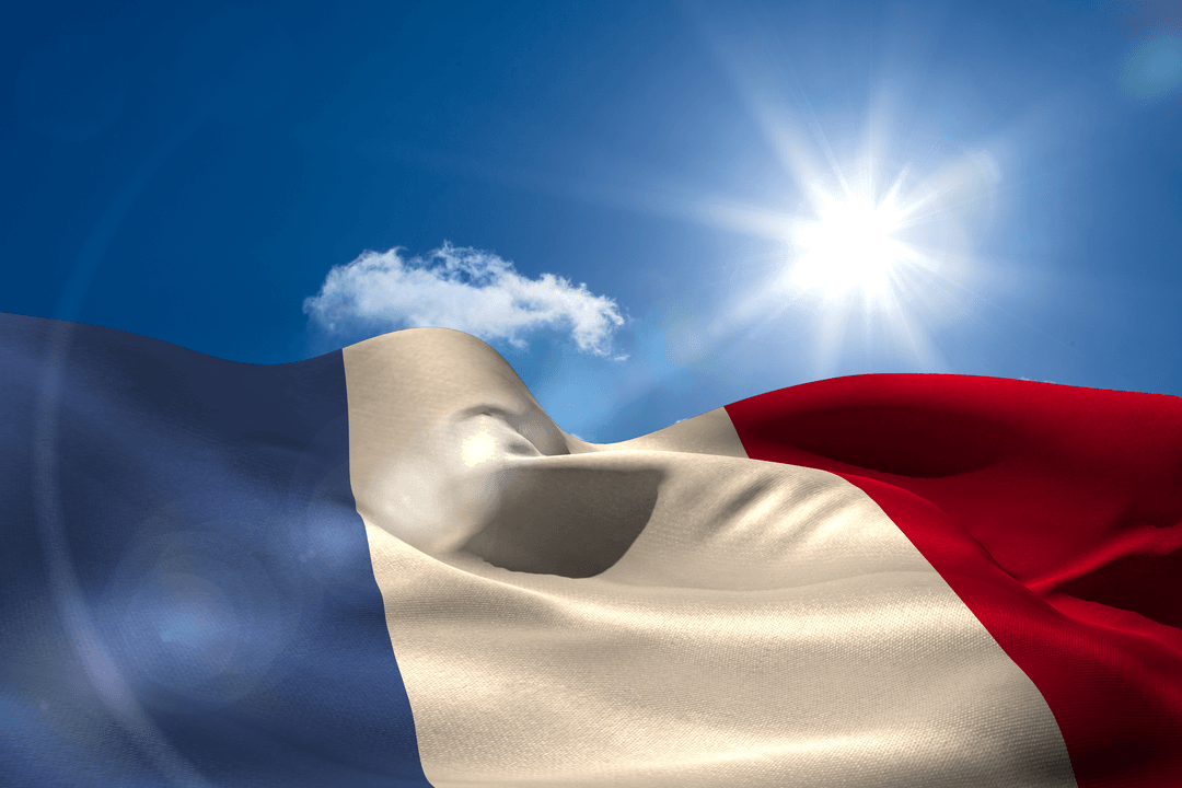 French Flag Waving Under Bright Sun with Transparent Background
