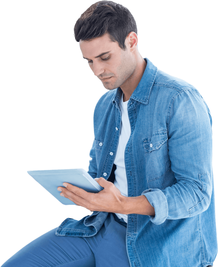 Caucasian Man Engaging with Tablet on Transparent Background