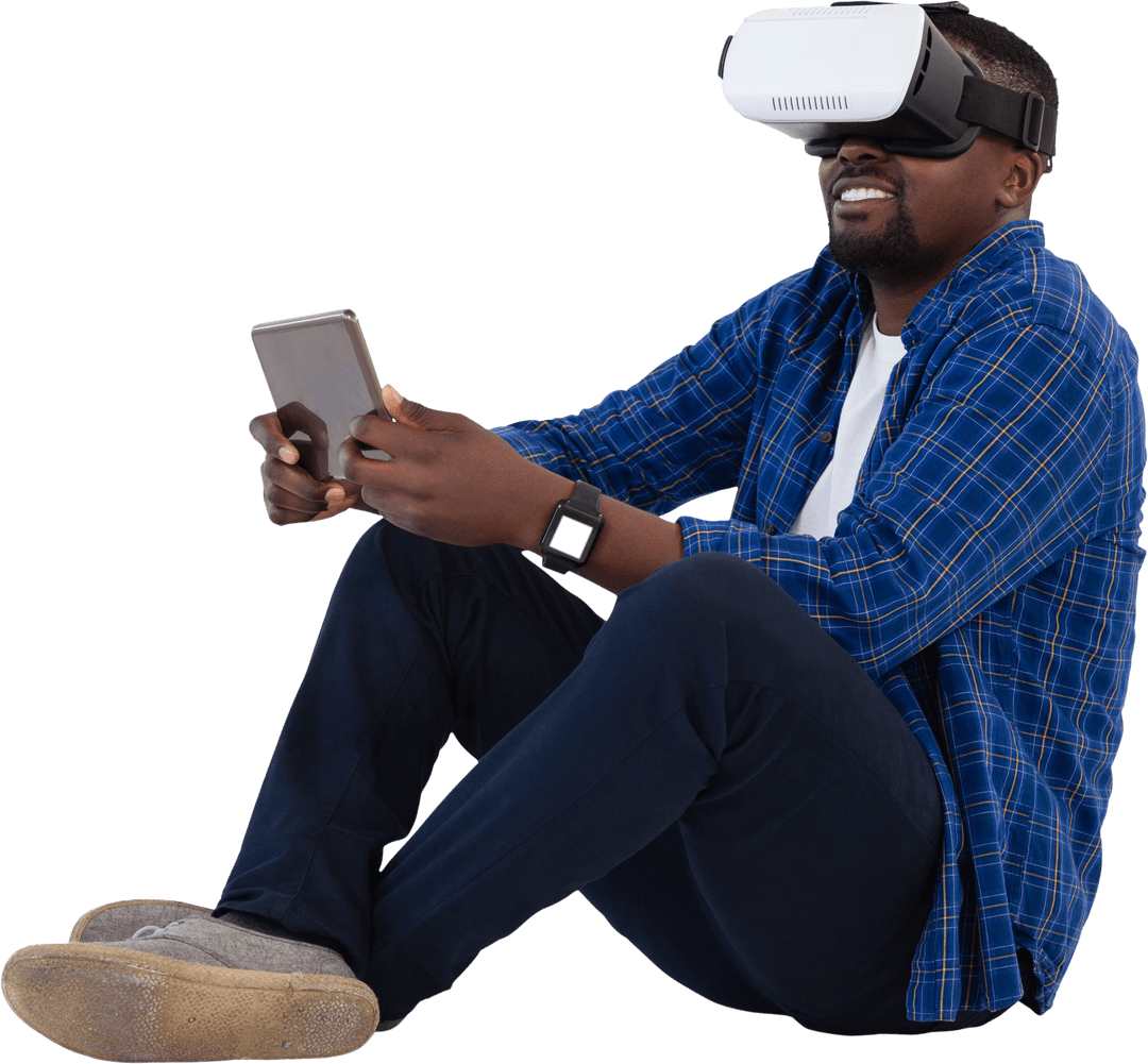 Man with Virtual Reality Headset Holding Tablet on Transparent Background