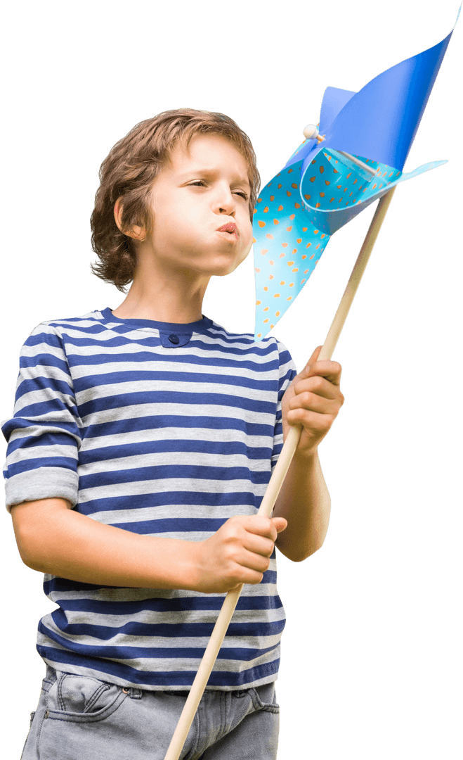 Young Boy Blowing on Blue Pinwheel Isolated on Transparent Background