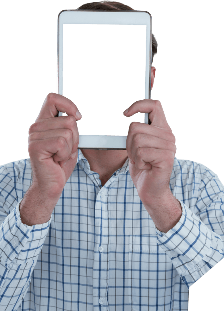 Transparent Background Man Holding Tablet Blocking Face