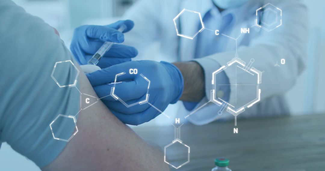 Doctor Administering Vaccine with Chemical Structures Overlay