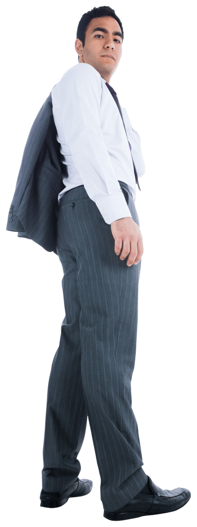 Serious Businessman Standing with Blazer on Transparent Background