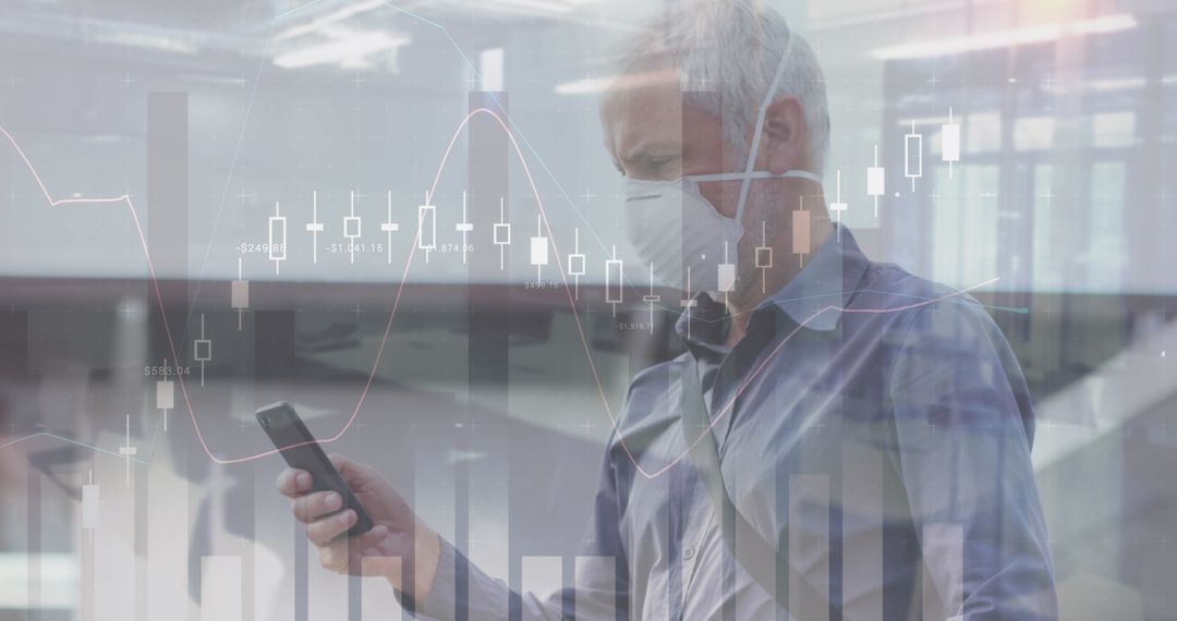 Senior Man Using Smartphone with Financial Graphs Overlayed