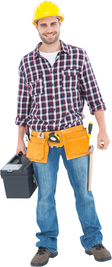 Transparent Handyman Holding Toolbox Smiling with Hard Hat