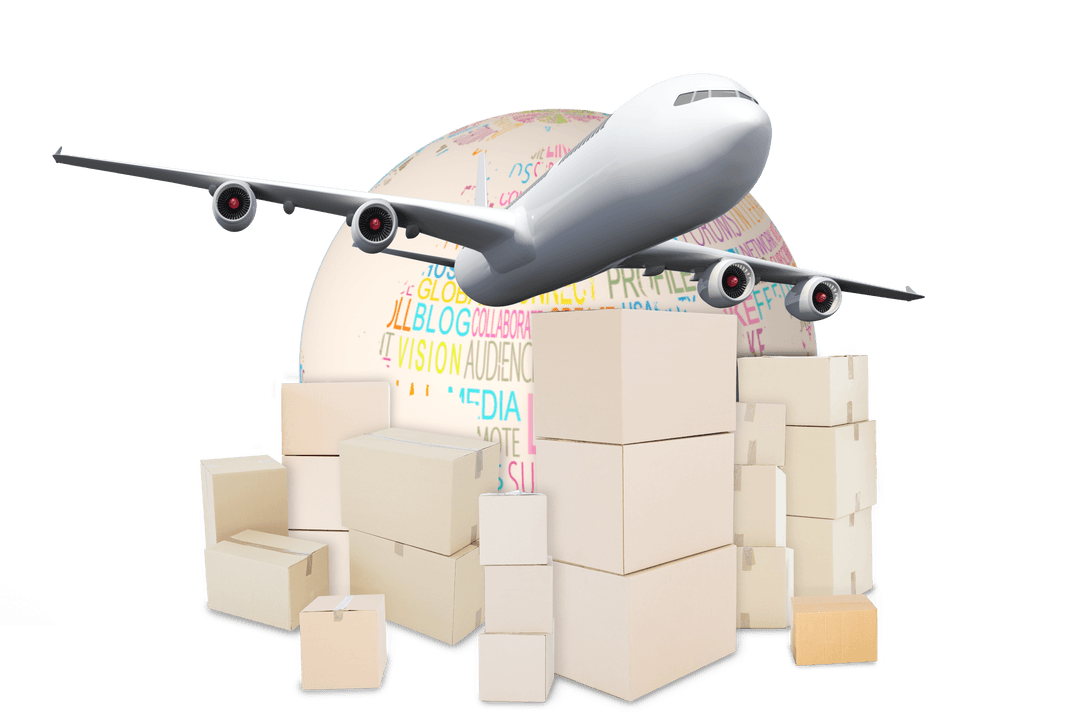 Transparent Airplane Flying Over Global Parcel Boxes