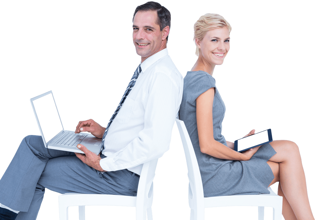 Transparent Office Businesspeople Using Laptops and Tablets