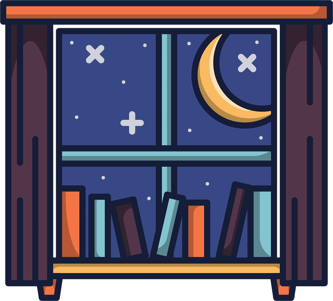 Transparent Night Sky Window Silhouette with Books