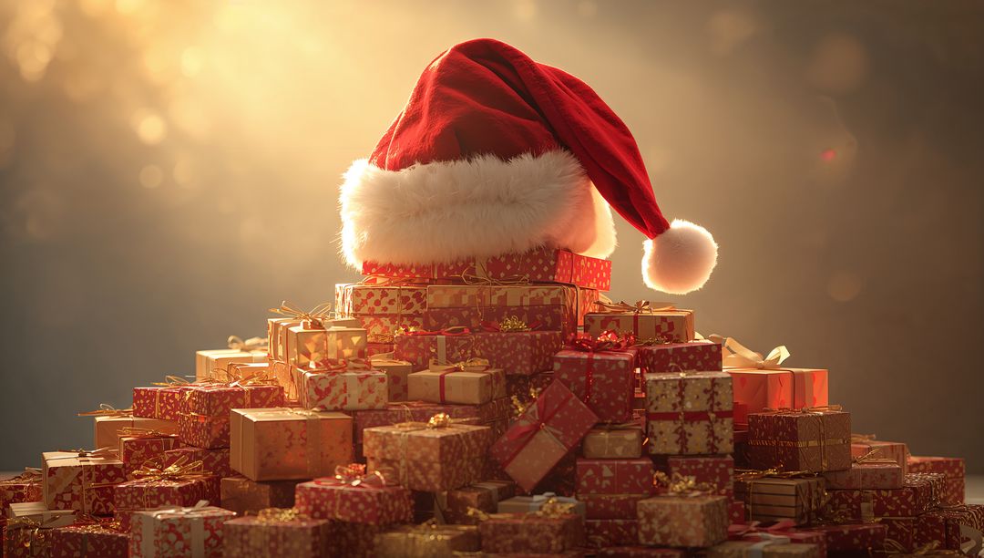 Stacking festive gift boxes forming pyramid with Santa hat glowing in warm golden bokeh