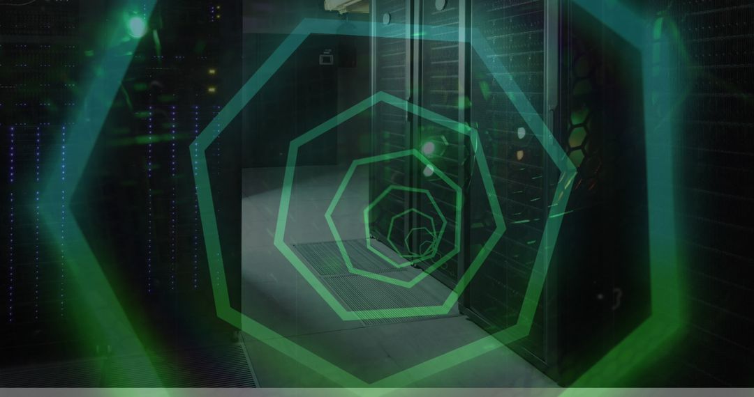 Futuristic Hexagon Hologram Over Data Center Server Racks