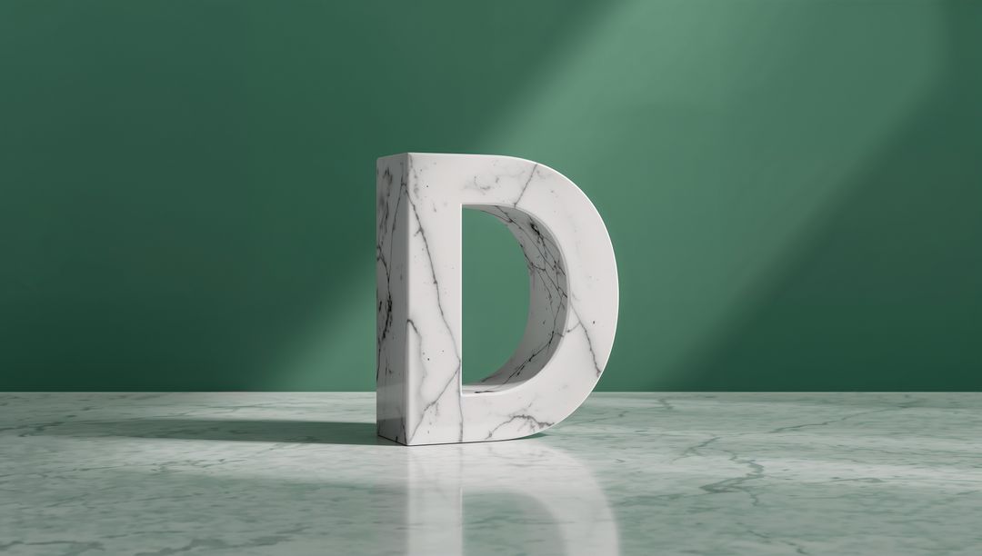 3D Marble Letter D on Polished Surface with Green Backdrop