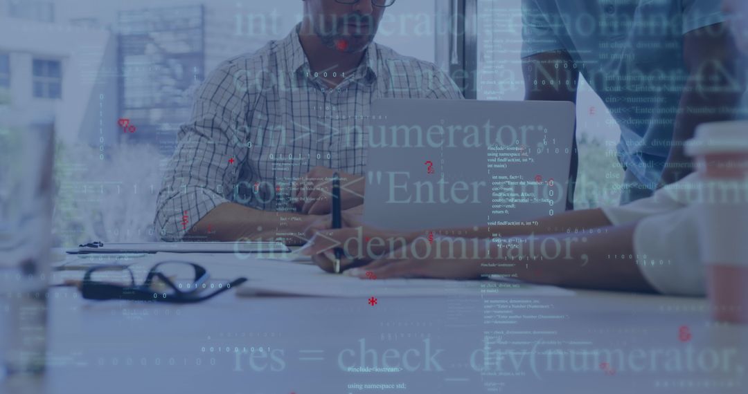 Diverse business team analyzing data algorithms in modern office
