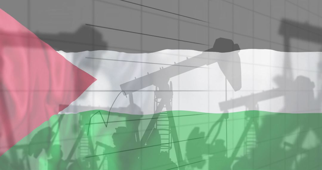 Oil Drilling and Financial Data Over Palestine Flag