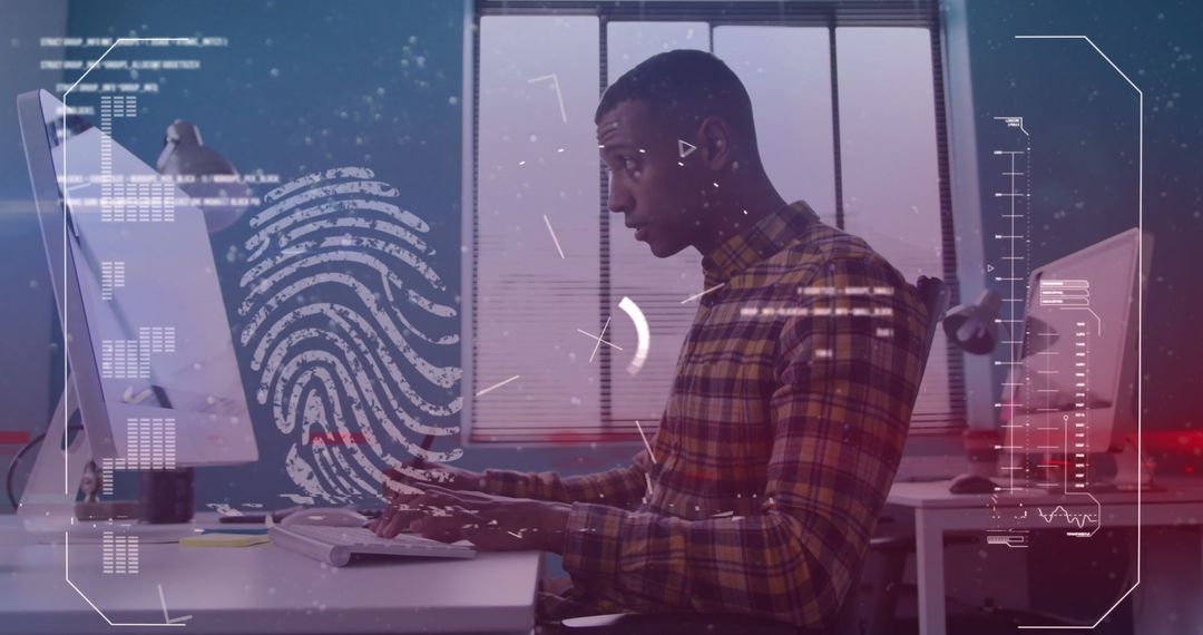 Businessman Analyzing Biometric Data on Computer in Modern Office