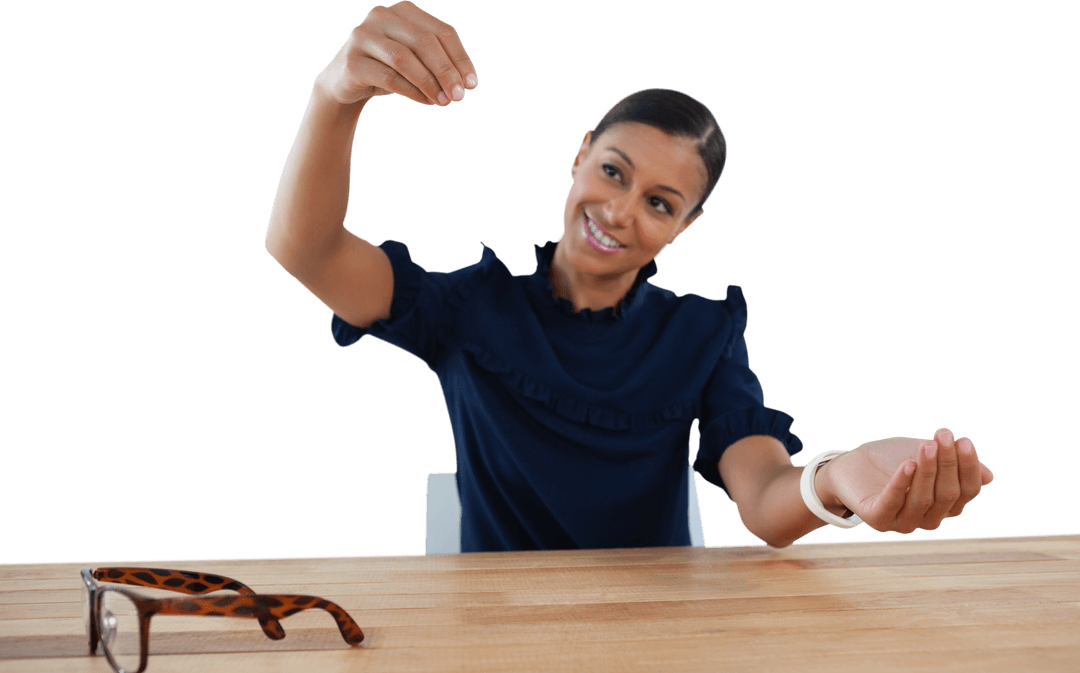 Businesswoman Interacting with Transparent Object in Modern Office