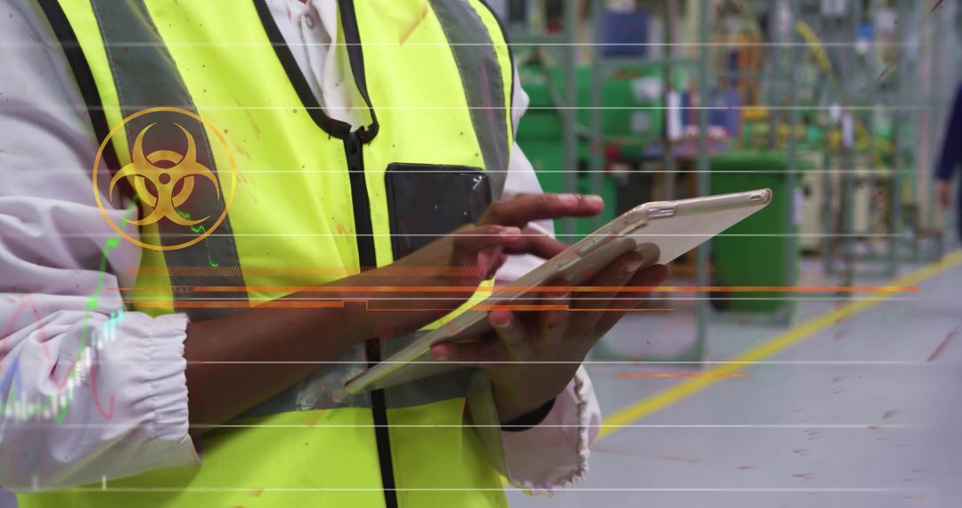Factory worker using tablet with biohazard overlay in industrial aisle safety inspection